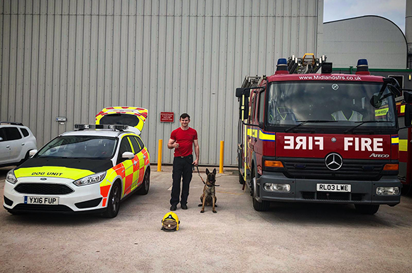 Fire engine, trainer and dog
